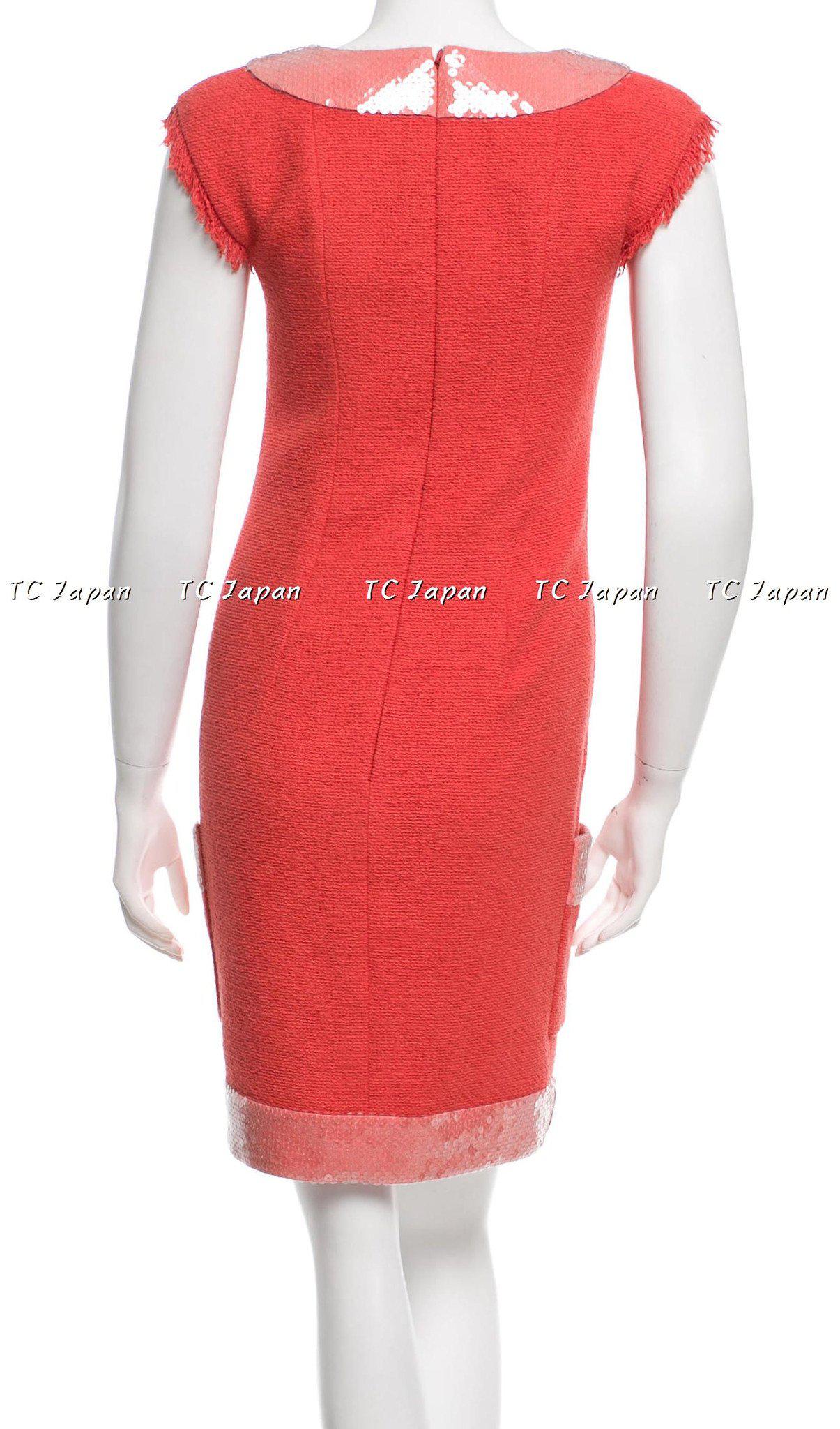 CHANEL 08C Coral Red Fringe Embellished Boucle Jacket Dress 38 シャネル コーラル・スパンコール・ジャケット・ワンピース - CHANEL TC JAPAN