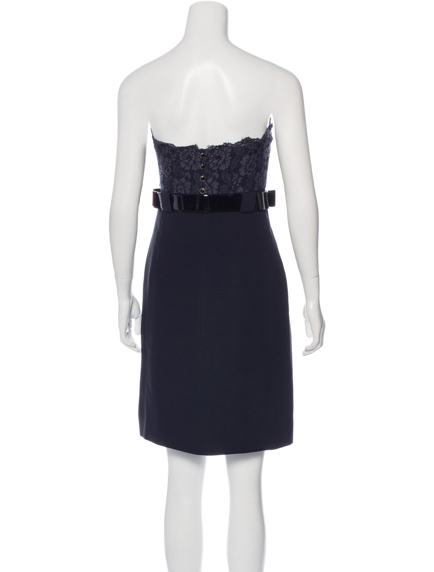 CHANEL 07A $6K Midnight Blue Lace Tops Silk Strapless Dress 36 シャネル  ミッドナイトブルー・ベルト付・レース・ワンピース