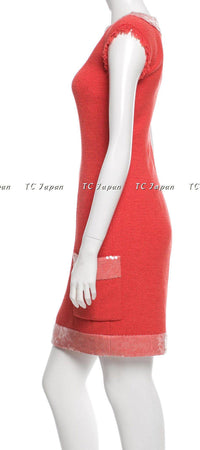 CHANEL 08C Coral Red Fringe Embellished Boucle Jacket Dress 38 シャネル コーラル・スパンコール・ジャケット・ワンピース - CHANEL TC JAPAN