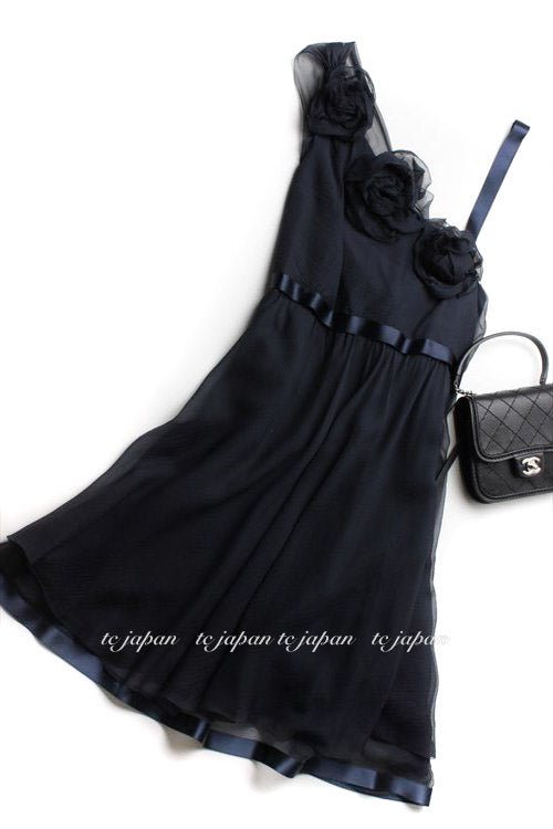 CHANEL 07S Dark Navy Silk Camellia Dress 34 42 シャネル ダークネイビー・シルク・カメリア・ワンピース  即発