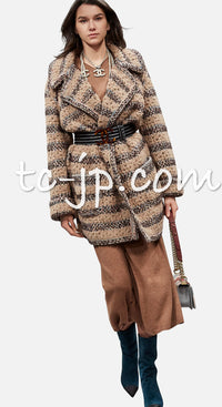 CHANEL 17B Beige Striped Belt Knit Cardigan Jacket Coat 34 シャネル・ベージュ・ストライプ・ニット・ベルト コート