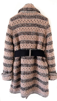 CHANEL 17B Beige Striped Belt Knit Cardigan Jacket Coat 34 シャネル・ベージュ・ストライプ・ニット・ベルト コート