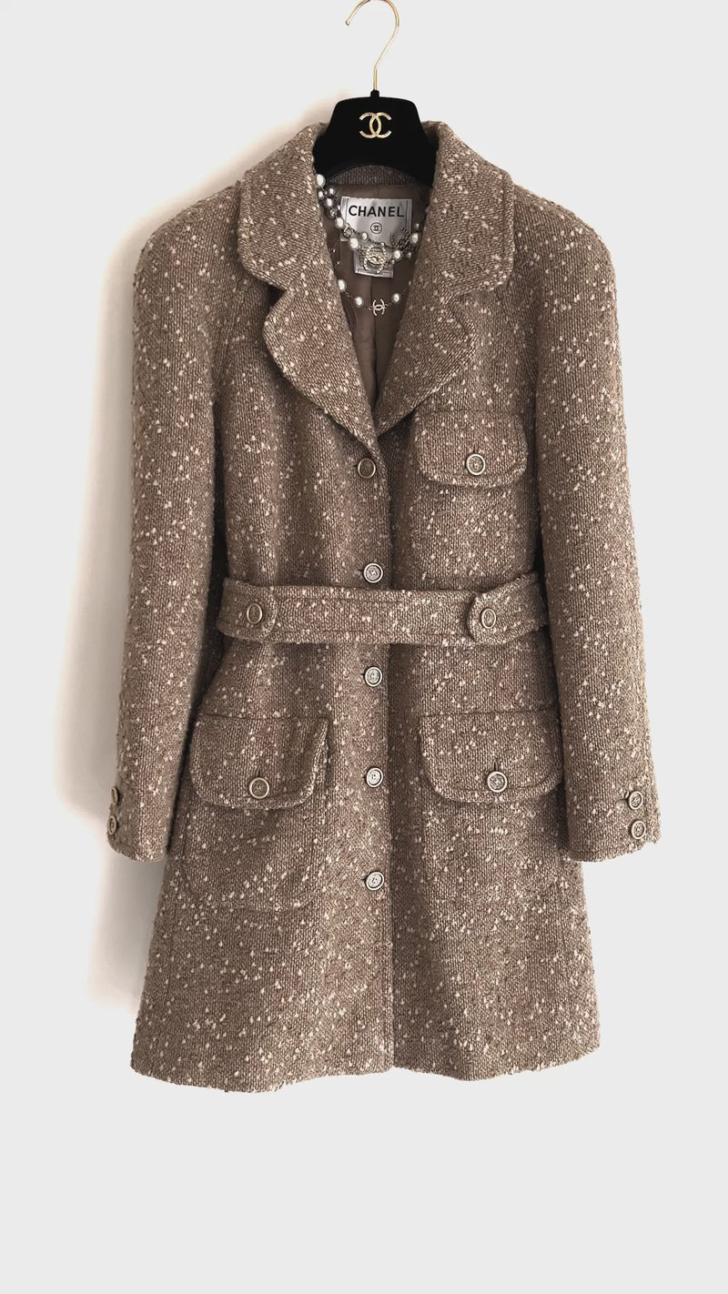CHANEL 01A Brown Beige Alpaca Tweed Coat 40 シャネル ブラウン・ベージュ・アルパカ・ツイード・コート