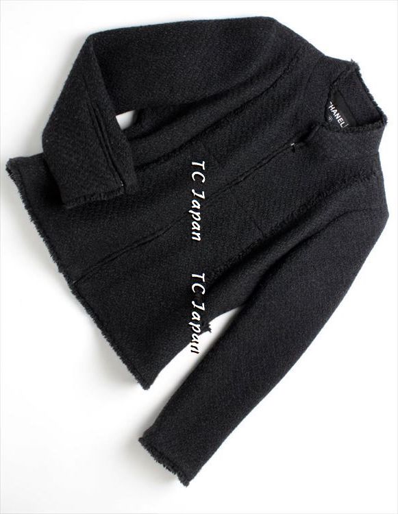 CHANEL 04A Black Wool Jacket Black 42 シャネル ブラック ウール フリンジ ツイード ジャケット 即発