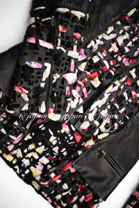 CHANEL 11S Black Multicolor Flower Silk Leather Jacket 34 シャネル ブラック マルチカラー シルク レザー ジャケット 即発