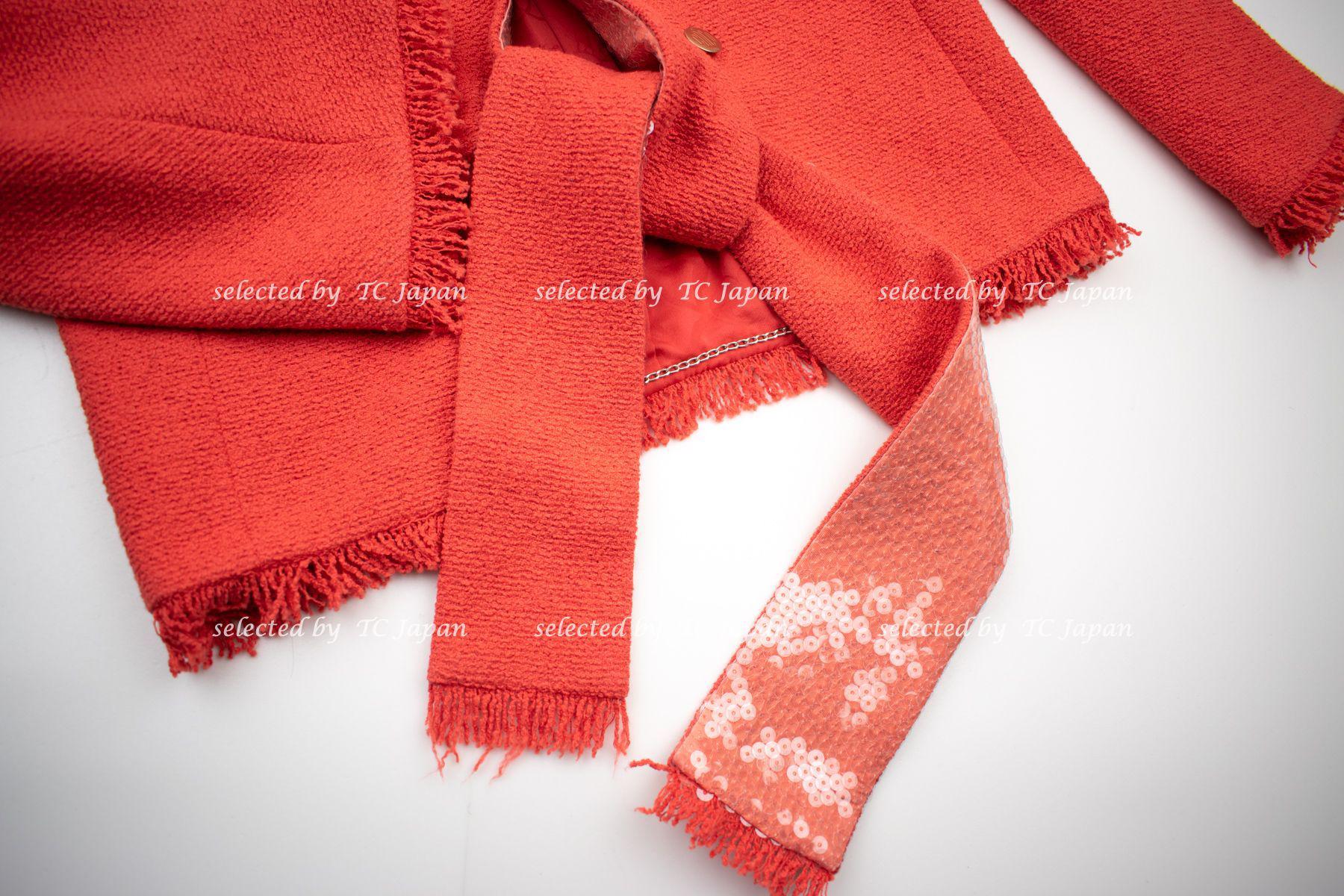 CHANEL 08C Coral Red Fringe Embellished Boucle Jacket Dress 38 シャネル コーラル・スパンコール・ジャケット・ワンピース - CHANEL TC JAPAN