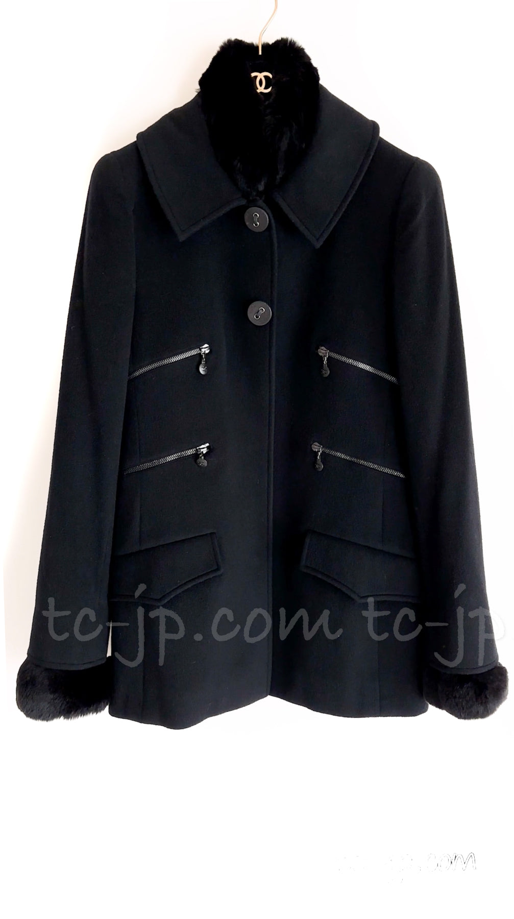CHANEL 02A Black Charcoal Gray Cashmere Rabbit Fur Jacket Coat 36 38 シャネル ブラック・チャコールグレー・カシミア100・ラパン襟・ジャケット・コート 即発