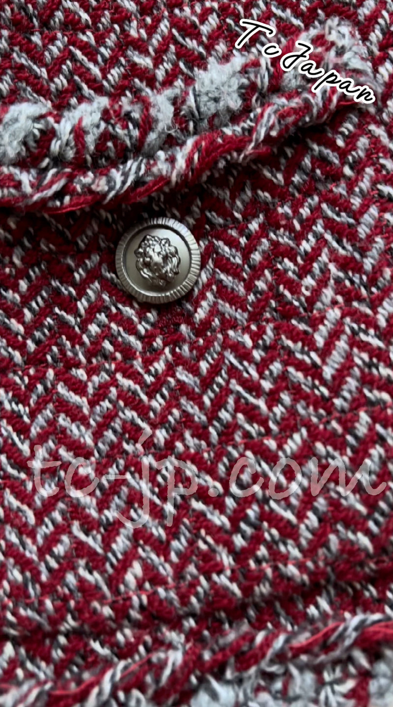 CHANEL 08A Red Grey Wool Tweed Jacket Skirt Suit 36 シャネル レッド・グレー・ウール・ツイード・ジャケット・スカート スーツ