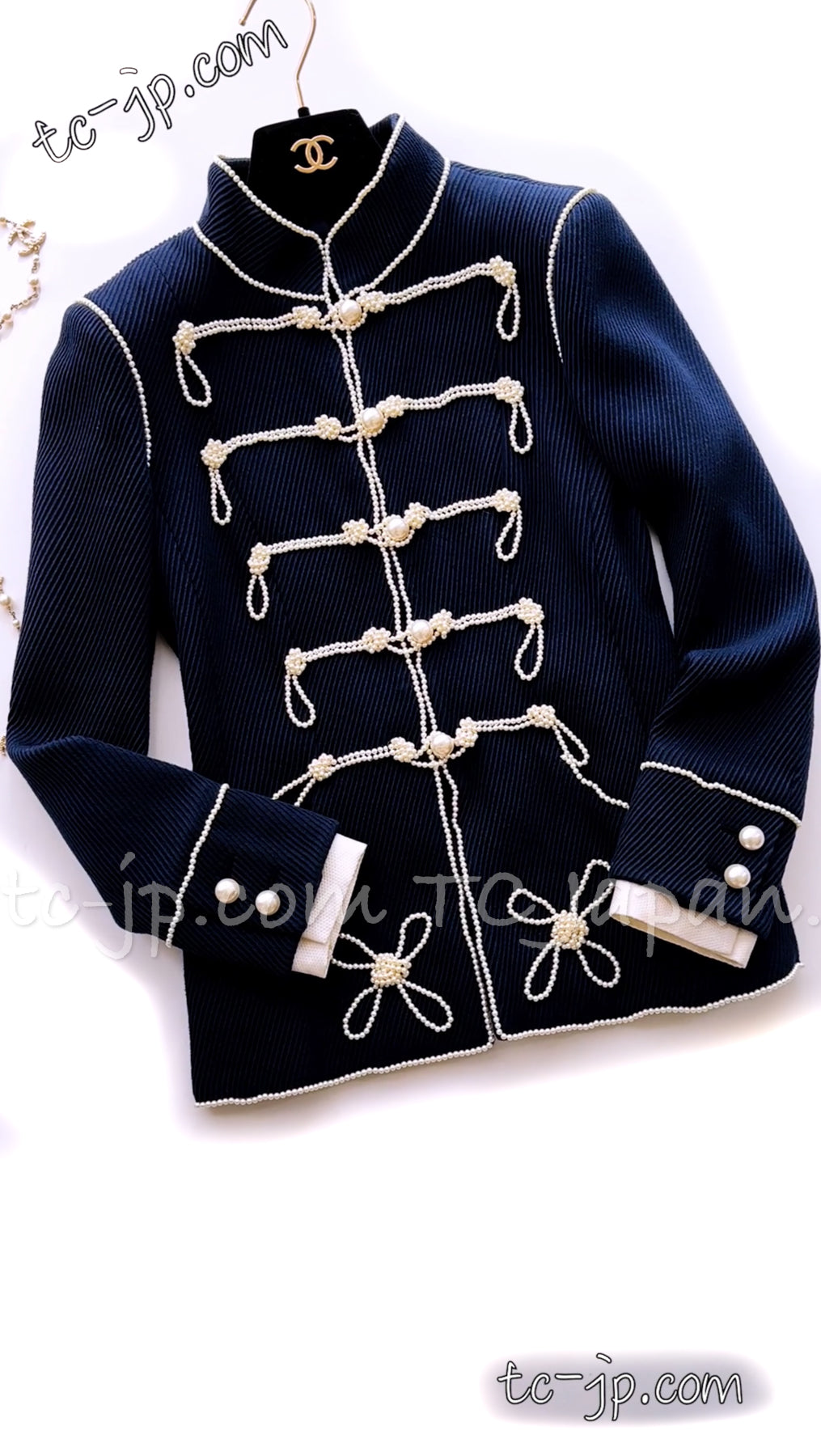 CHANEL 09S Pearl Navy Dress Jacket 34 36 シャネル ナポレオン・パール装飾・ネイビー ・ミリタリー・ワンピース・ジャケット 即発