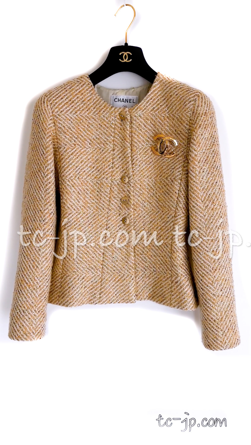 CHANEL 00A Vintage Gold Beige Wool Jacket w/ Scarf 36 38 シャネル ヴィンテージ・ゴールド・ベージュ・ウール・ジャケット 即発