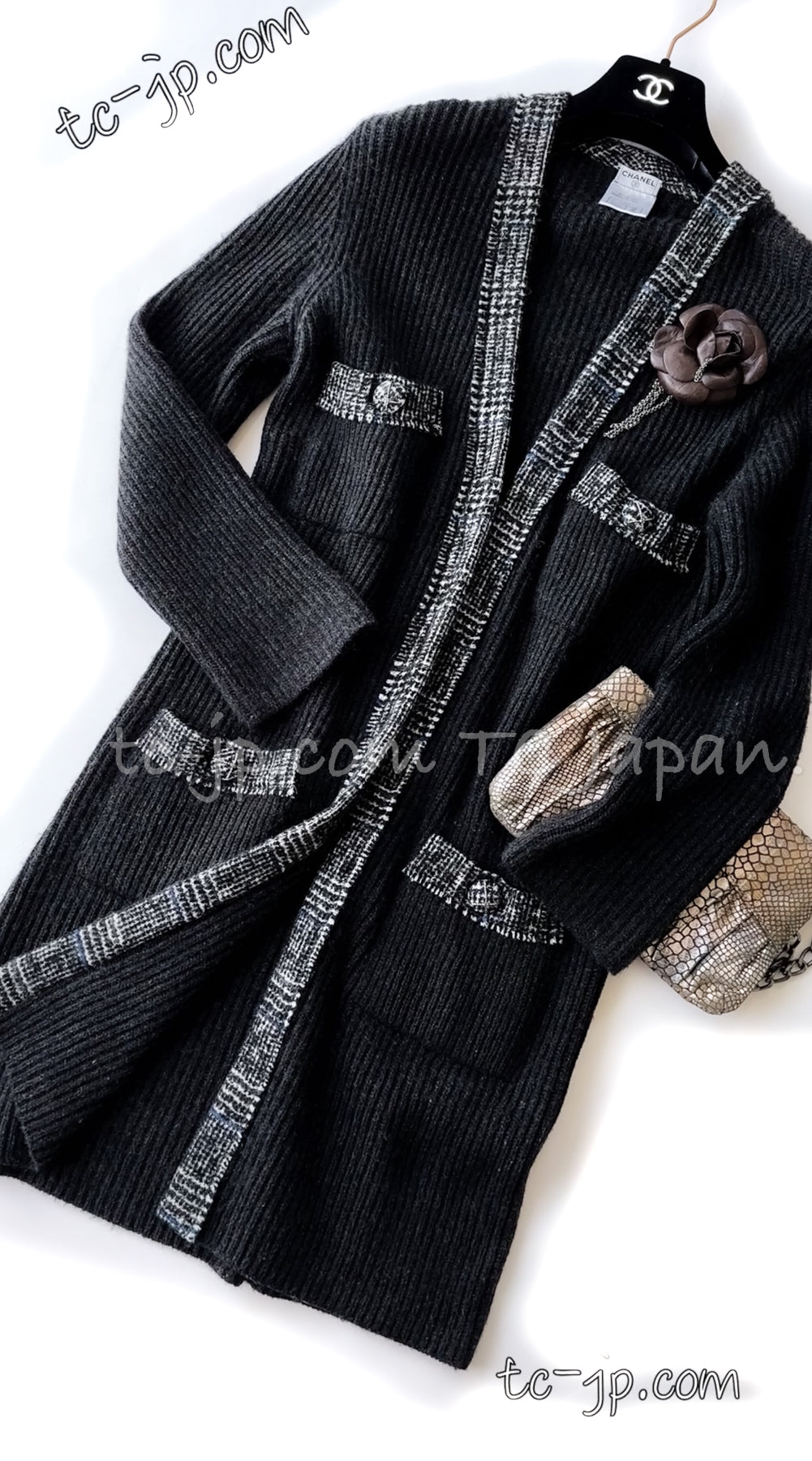 CHANEL 07A Charcoal Gray Cashmere 100% Long Cardigan Coat 42 44 シャネル チャコールグレー・カシミヤ100%・ロング・カーディガン・コート