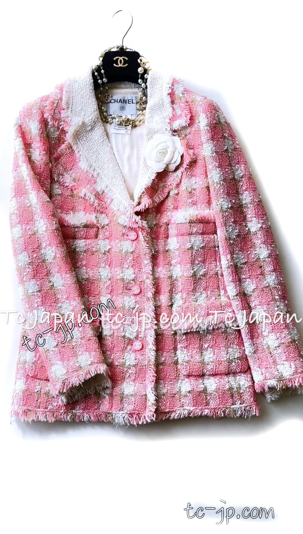 CHANEL 04C Pink White Tweed Fringe Jacket 36 38 40 42 44 シャネル  ピンク・ホワイト・ツイード・フリンジ・ジャケット 即発