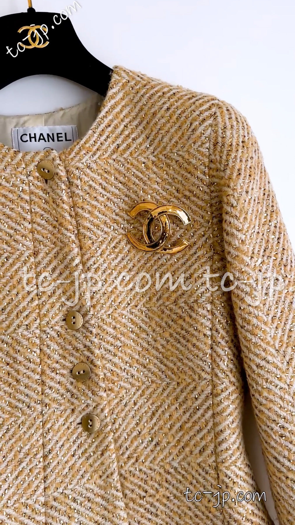 CHANEL 00A Vintage Gold Beige Wool Jacket w/ Scarf 36 38 シャネル  ヴィンテージ・ゴールド・ベージュ・ウール・ジャケット 即発