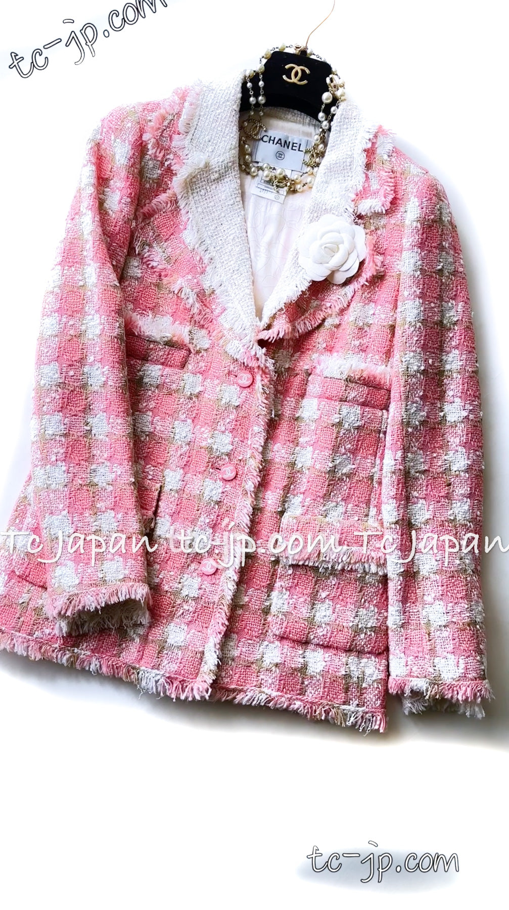 CHANEL 04C Pink White Tweed Fringe Jacket 36 38 40 42 シャネル  ピンク・ホワイト・ツイード・フリンジ・ジャケット 即発