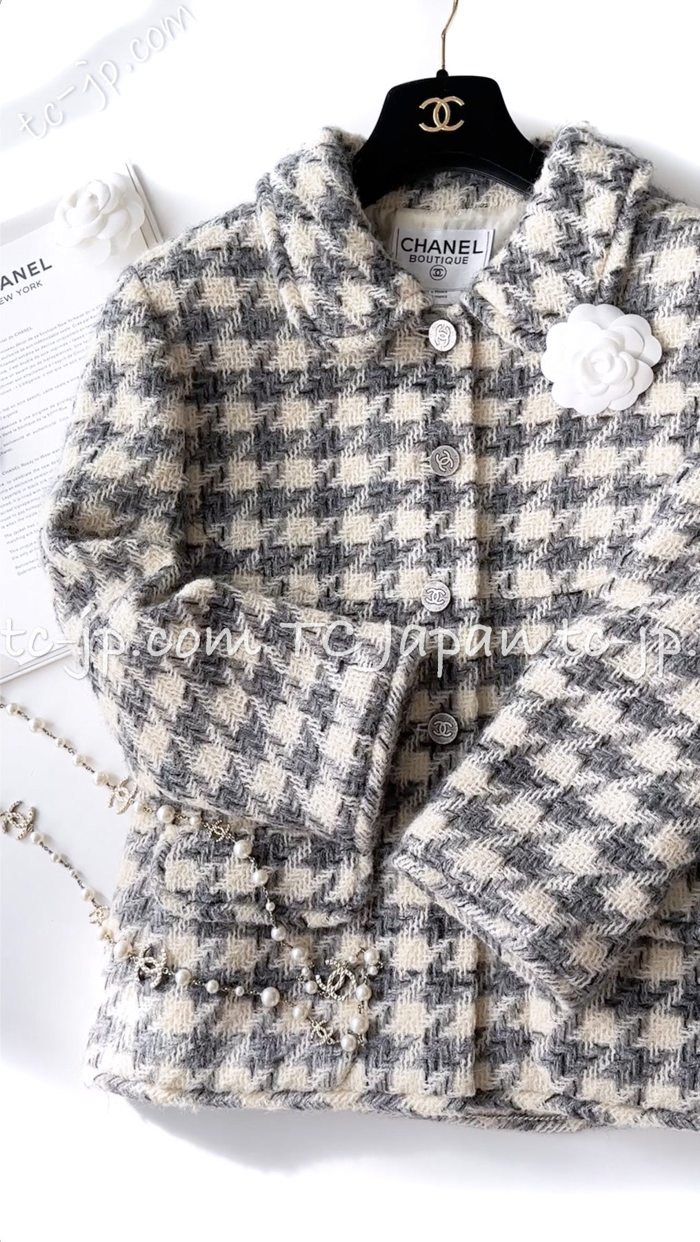 CHANEL 98A Vintage Ivory Gray Houndstooth Wool Tweed Jacket 38 40 シャネル  ヴィンテージ・アイボリー・グレー・千鳥格子・ウール・ツイード・ジャケット即発