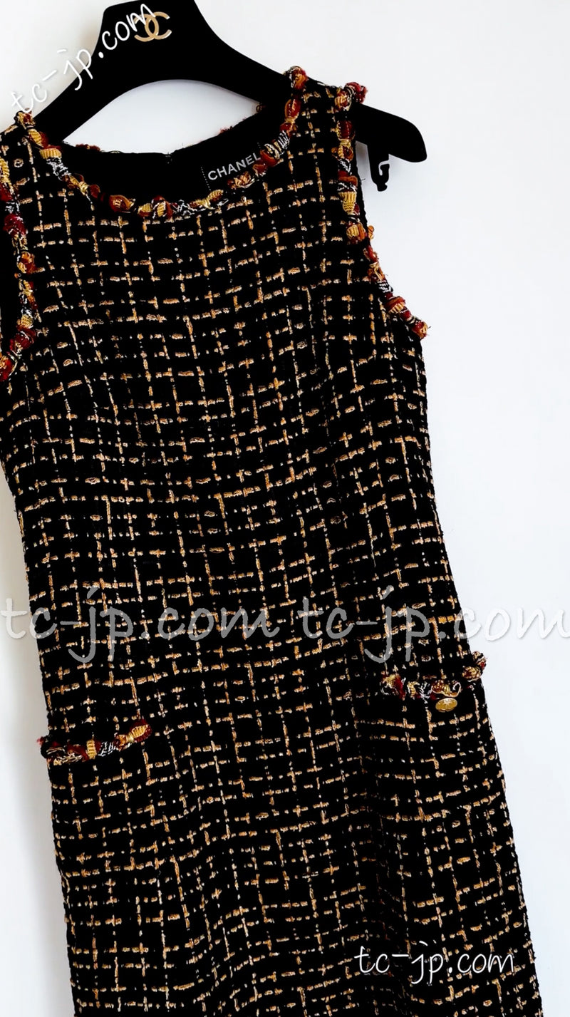 CHANEL 11C Black Brown Gold Beaded Braided Trim Jacket Dress 36 シャネル ブラック・ブラウン・ゴールド・ビーズ・ブレイドトリム・ジャケット・ワンピース 即発