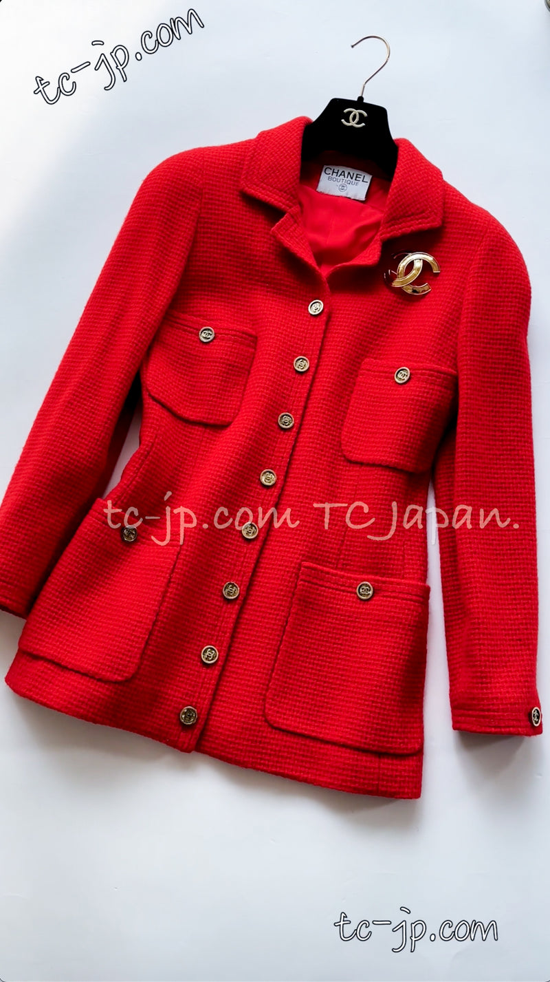 CHANEL 91A Vintage Coral Pink Red Wool Gold Button Jacket 36 38 42 シャネル  ヴィンテージ・コーラルピンク・レッド・ウール・ゴールド・ボタン・ジャケット 即発