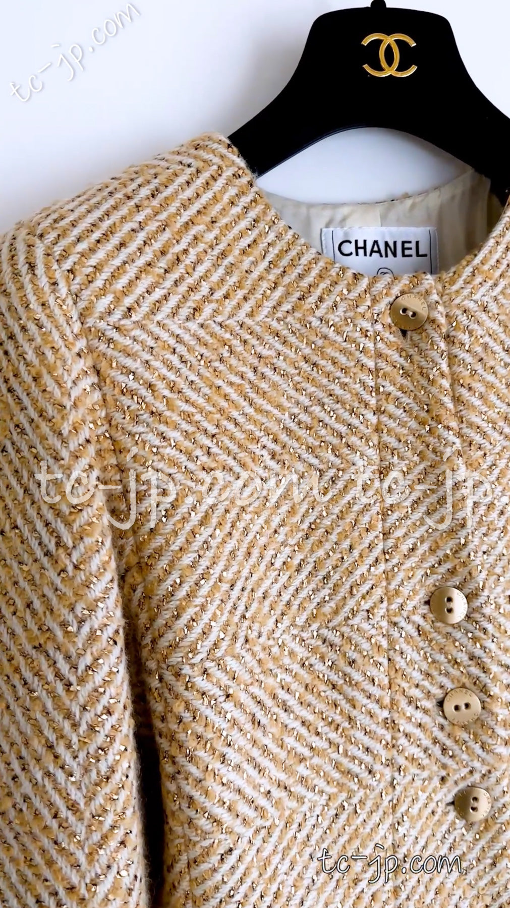 CHANEL 00A Vintage Gold Beige Wool Jacket w/ Scarf 36 38 シャネル  ヴィンテージ・ゴールド・ベージュ・ウール・ジャケット 即発