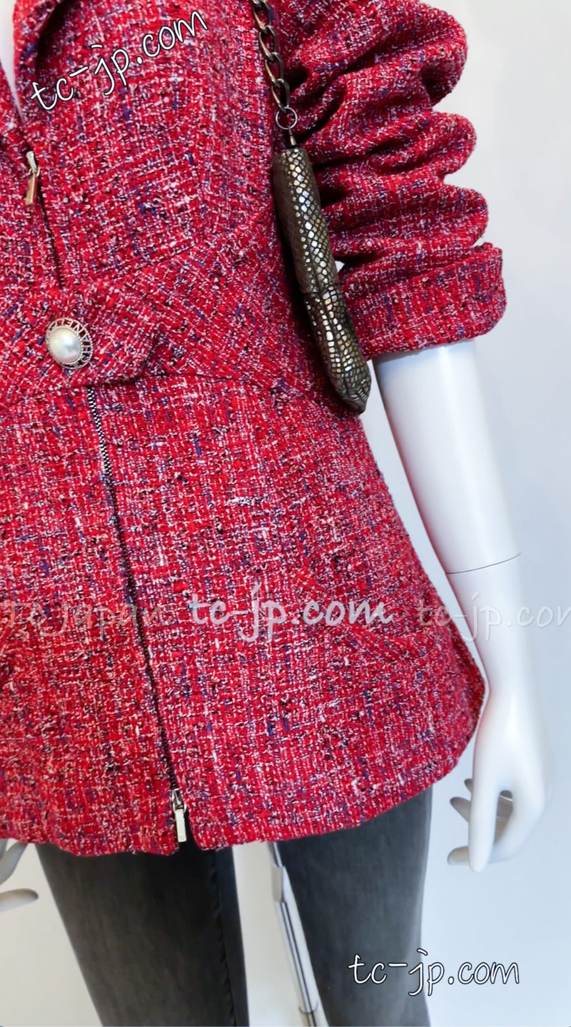 CHANEL 19PS Red Pearl Logo Buttons Tweed Jacket 46 シャネル レッド パールロゴボタン  ツイード ジャケット 即発