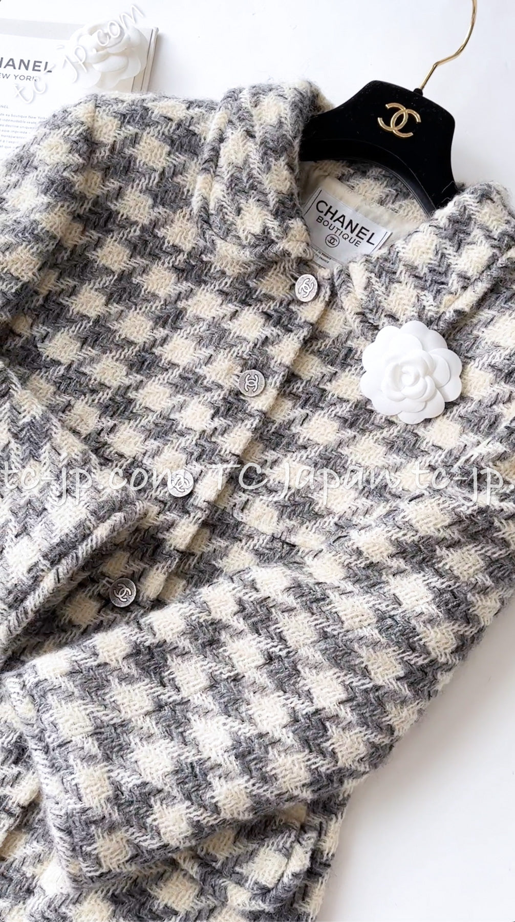 CHANEL 98A Vintage Ivory Gray Houndstooth Wool Tweed Jacket 38 40 シャネル  ヴィンテージ・アイボリー・グレー・千鳥格子・ウール・ツイード・ジャケット即発