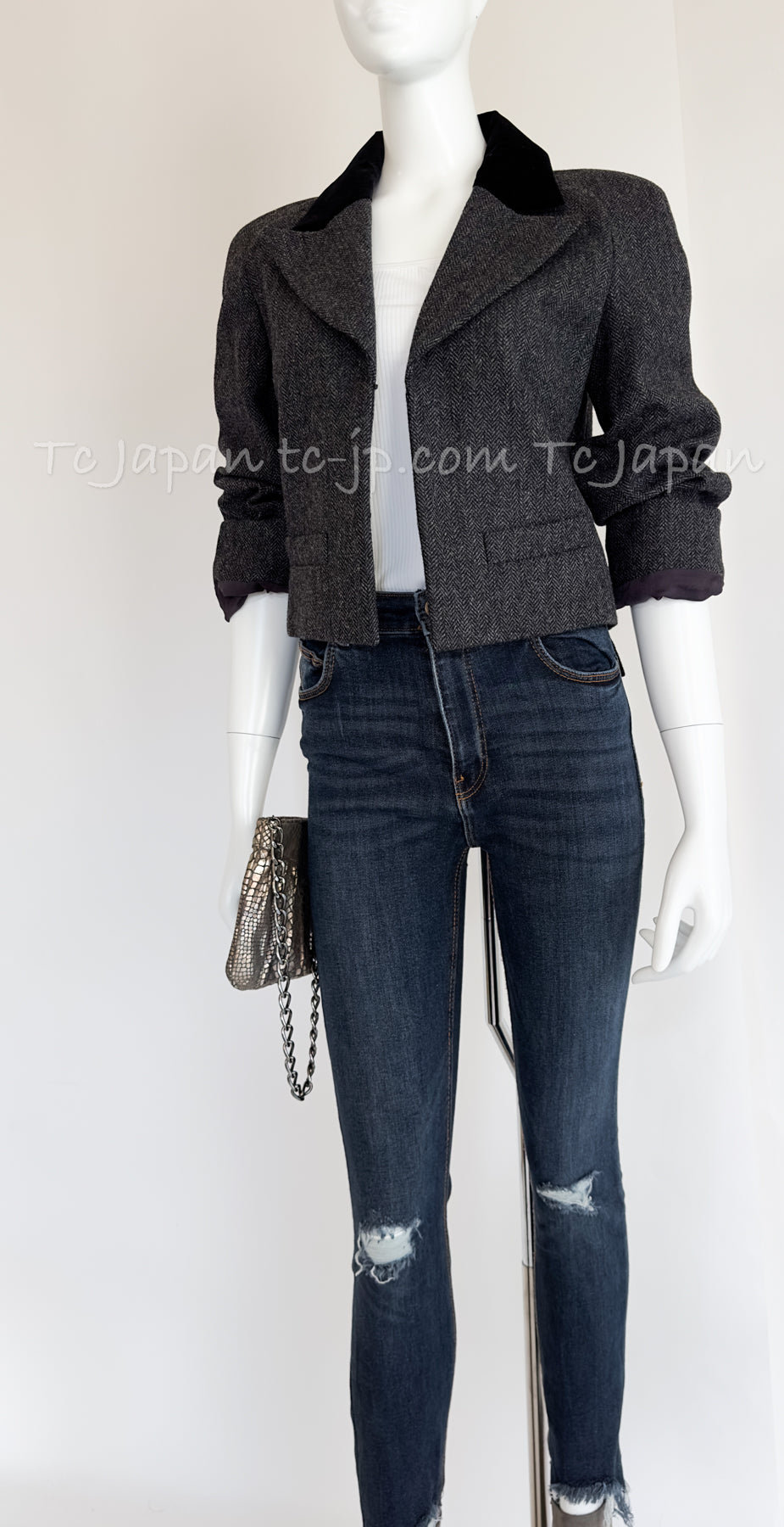 CHANEL 15B Charcoal Black Velvet Jacket 38 シャネル ブラック グレー ベルベット・ジャケット 即発