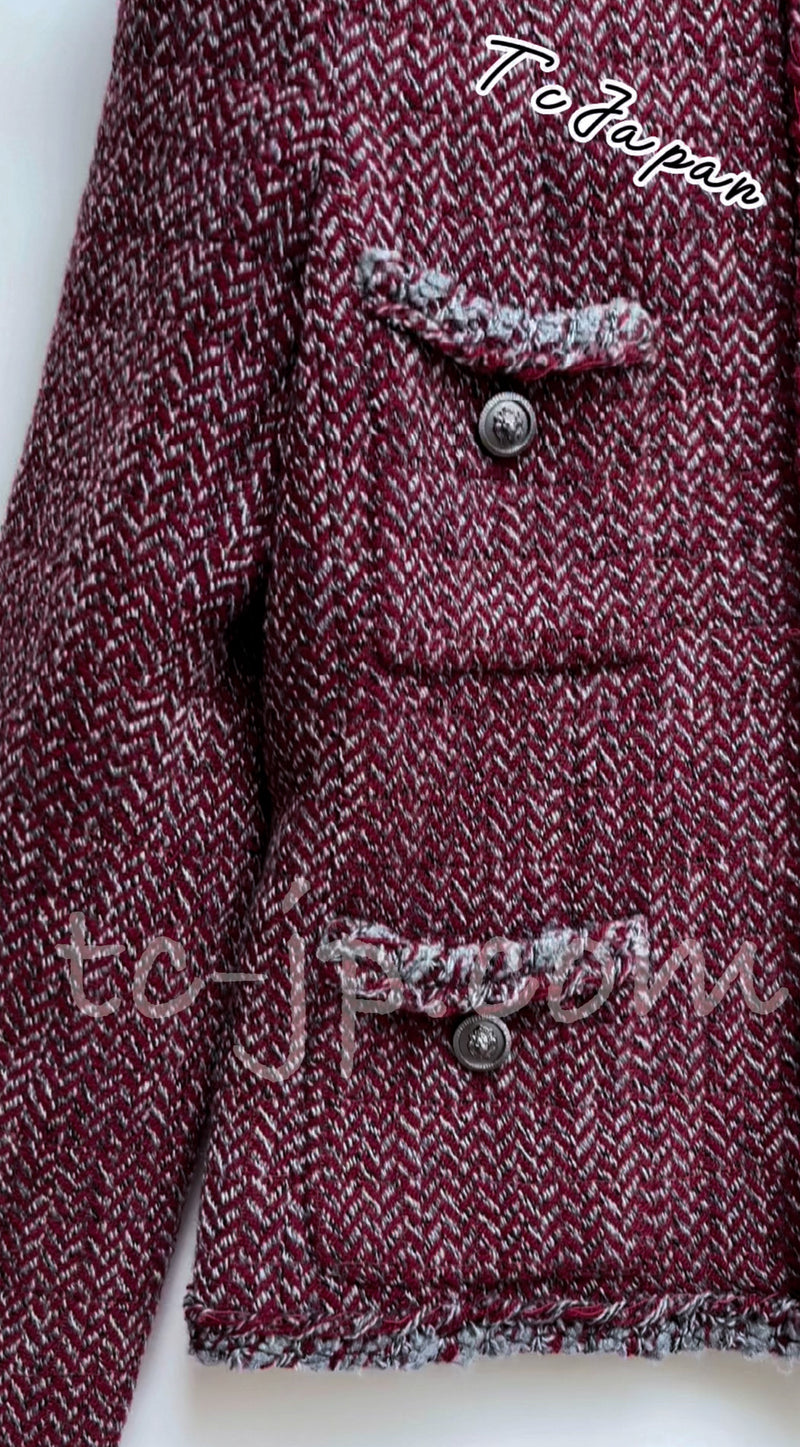 CHANEL 08A Red Grey Wool Tweed Jacket Skirt Suit 36 シャネル レッド・グレー・ウール・ツイード・ジャケット・スカート スーツ