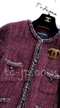 CHANEL 08A Red Grey Wool Tweed Jacket Skirt Suit 36 シャネル レッド・グレー・ウール・ツイード・ジャケット・スカート スーツ