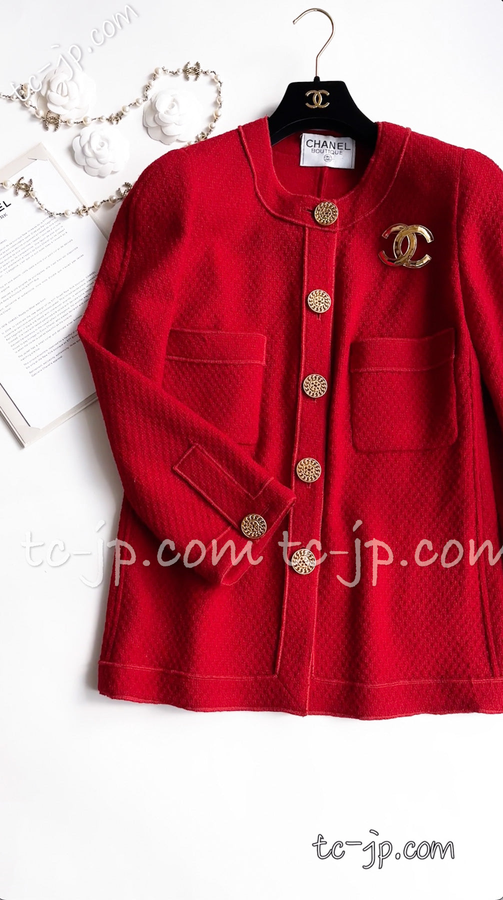 CHANEL 92A Vintage Red Gold Buttons Tweed Jacket 42 シャネル  ヴィンテージ・レッド・ゴールドボタン・ツイード・ジャケット 即発