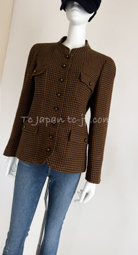 CHANEL 96A Vintage Brown Black Houndstooth Tweed Jacket 44 シャネル ・ブラウン・ブラック・千鳥格子・CCボタン・ジャケット 即発