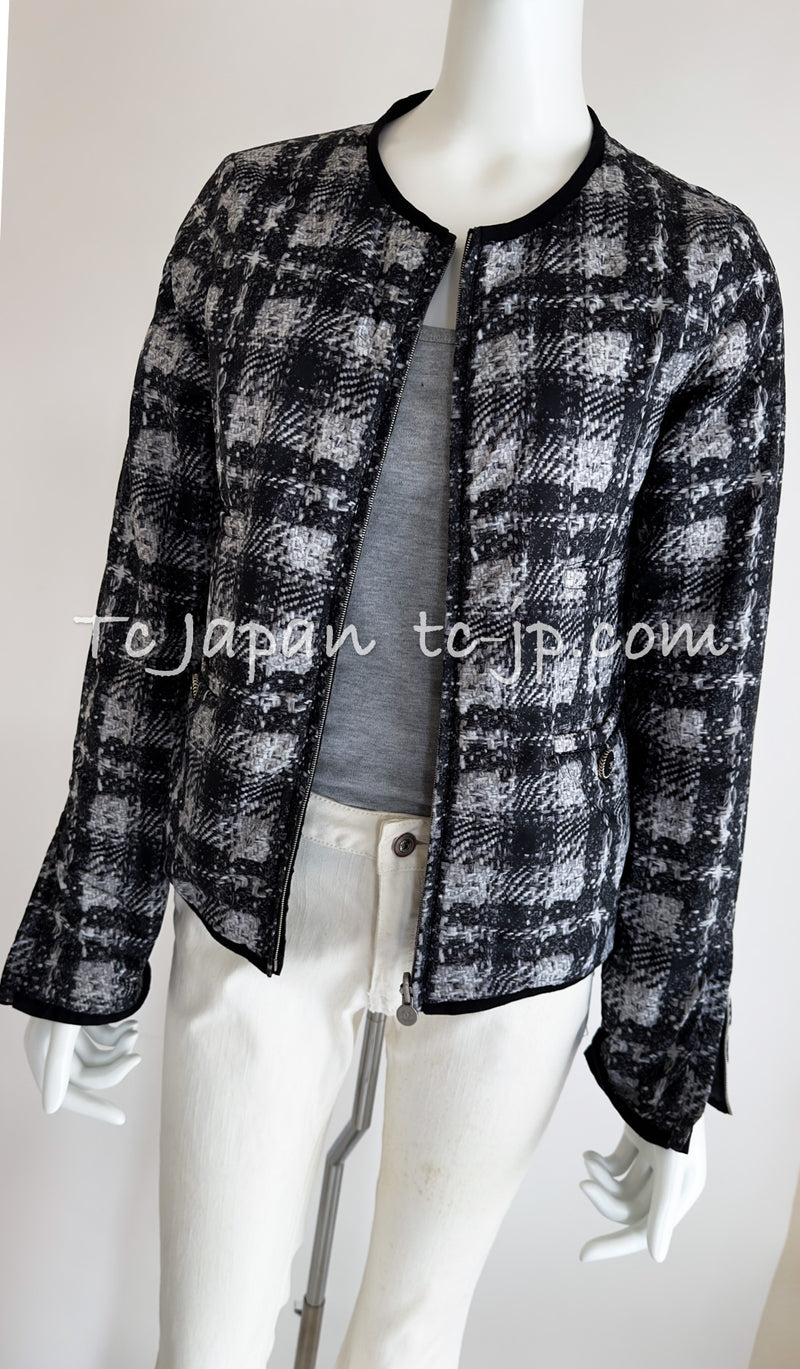 CHANEL 13A Black Nylon Zipper Tweed Print Pattern Jacket 42 シャネル  ツイード柄・プリント・ジッパー・ジャケット 即発