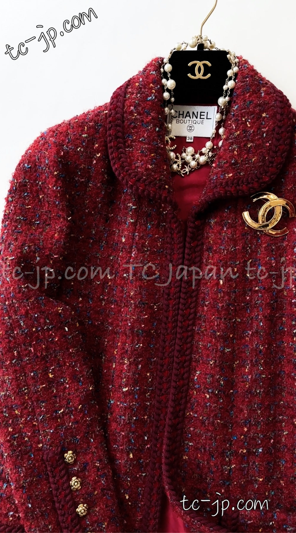 CHANEL 90A Vintage Red Wool Mohair Gold Button Jacket Skirt Suit 38 シャネル・ヴィンテージ・レッド・ウール・モヘア・ゴールドボタン・ジャケット・スカートスーツ 即発