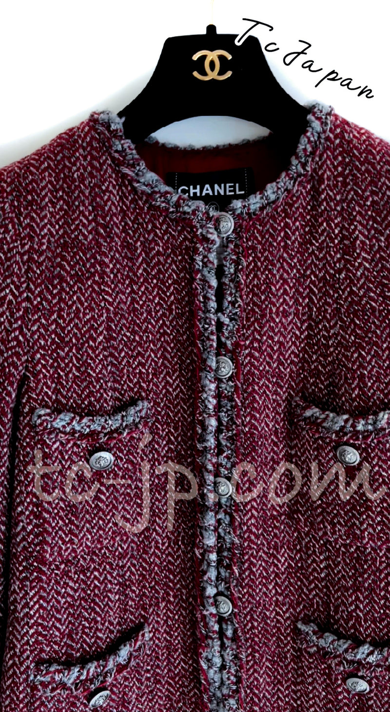 CHANEL 08A Red Grey Wool Tweed Jacket Skirt Suit 36 シャネル レッド・グレー・ウール・ツイード・ジャケット・スカート スーツ