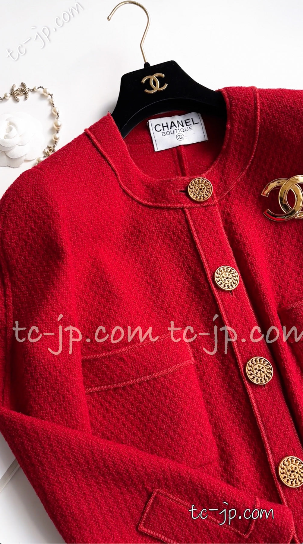 CHANEL 92A Vintage Red Gold Buttons Tweed Jacket 42 シャネル  ヴィンテージ・レッド・ゴールドボタン・ツイード・ジャケット 即発