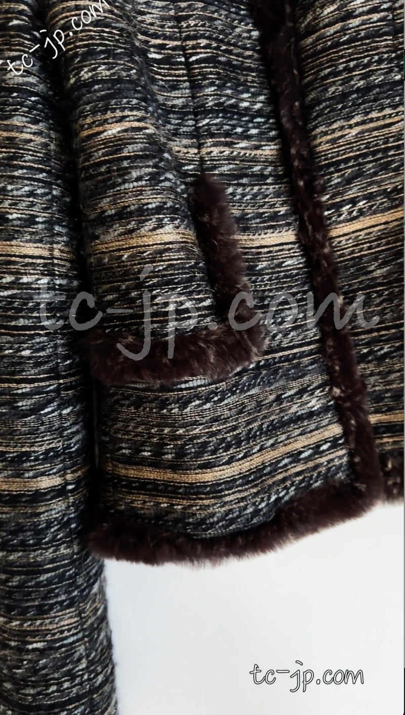 CHANEL 05A Black Charcoal Rabbit Fur trim Jacket Skirt Suit 38 42 シャネル ブラック・チャコール グレー・ラビット ファー ・ジャケット・スカート・スーツ 即発