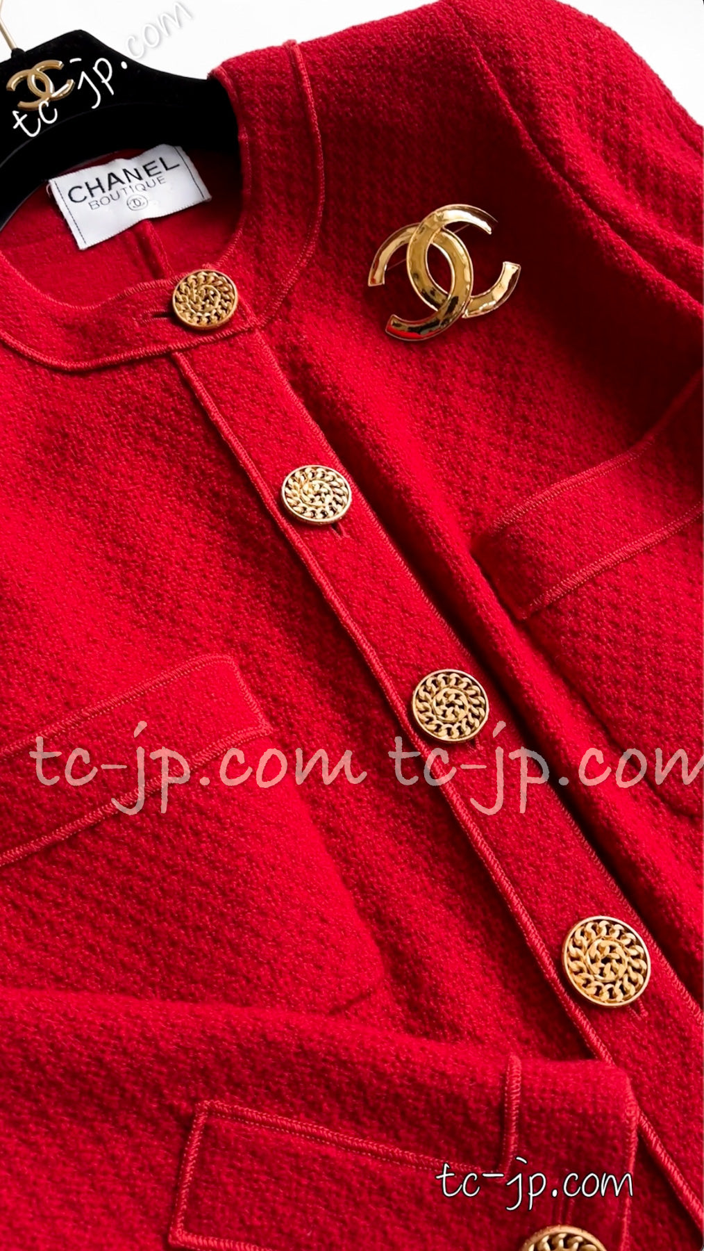 CHANEL 92A Vintage Red Gold Buttons Tweed Jacket 42 シャネル  ヴィンテージ・レッド・ゴールドボタン・ツイード・ジャケット 即発