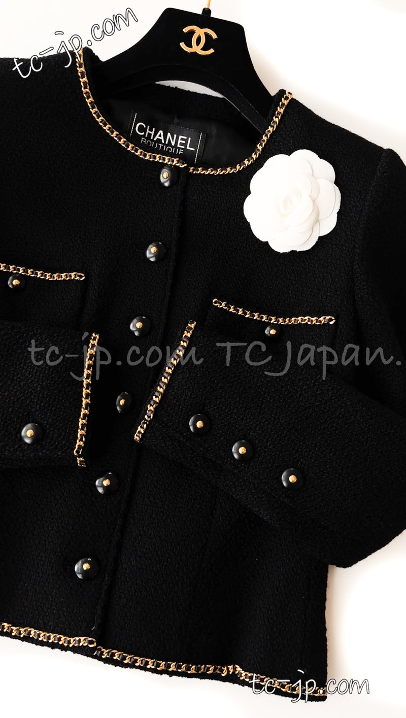 CHANEL 95A Vintage Black Gold Chain Trim Tweed Jacket 38 シャネル ヴィンテージ・ブラック・ゴールドチェーン・トリミング・ツイード・ジャケット 即発