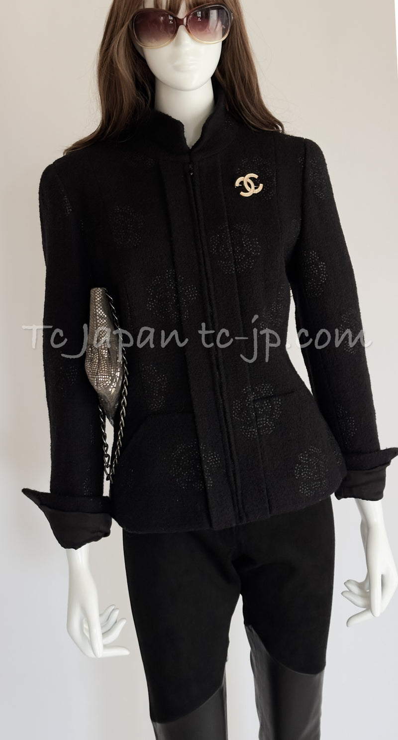 CHANEL 03C Black Camellia Stand Collar Zipper Jacket 40 42 シャネル ブラック・カメリア・スタンドカラー・ジッパー・ジャケット 即発