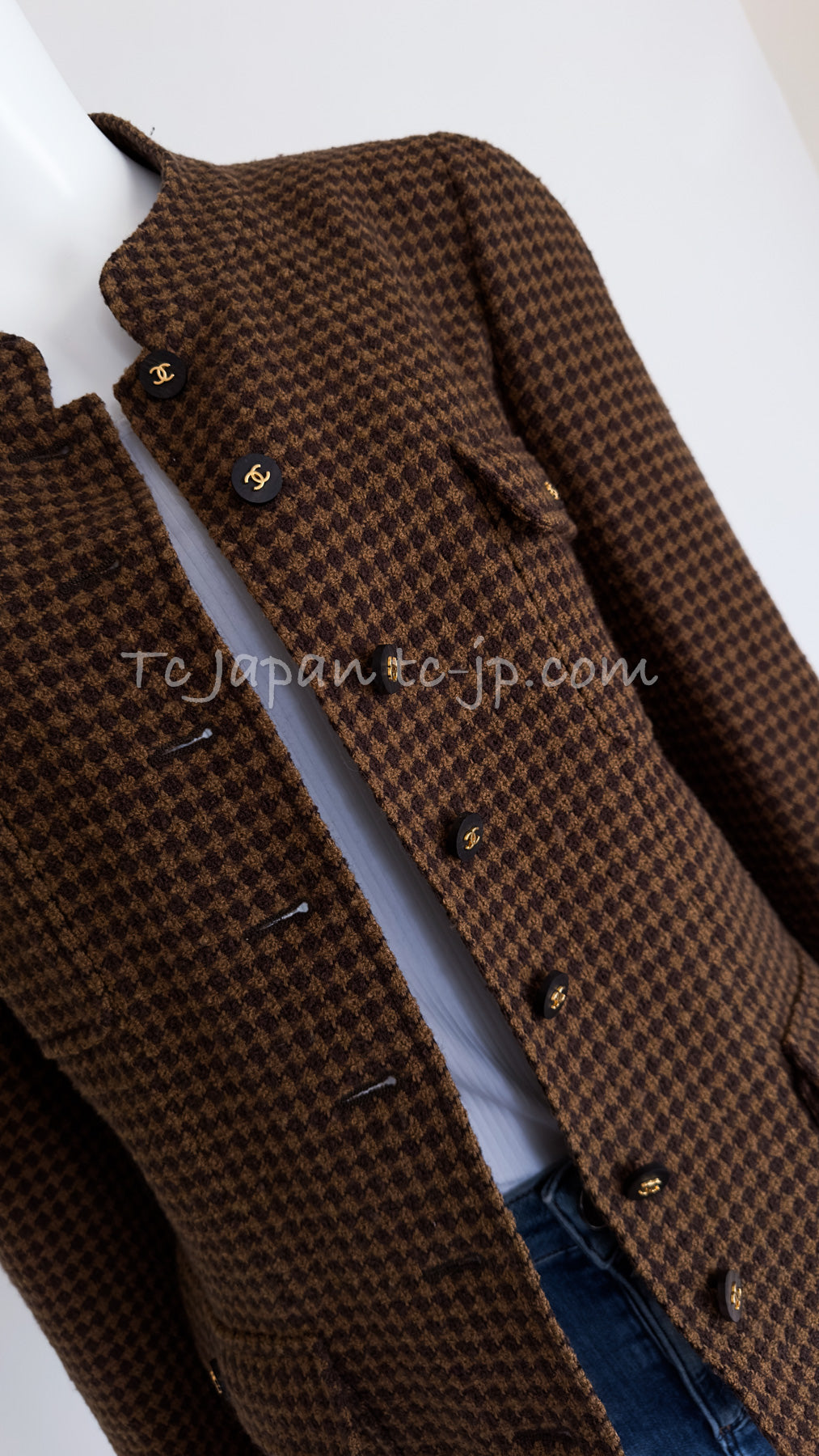 CHANEL 96A Vintage Brown Black Houndstooth Tweed Jacket 44 シャネル ・ブラウン・ブラック・千鳥格子・CCボタン・ジャケット 即発