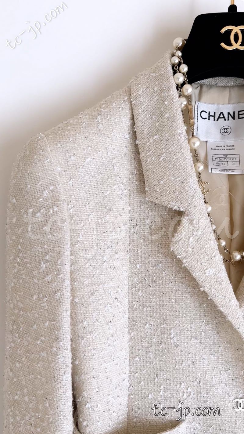 CHANEL 99S Ivory Grey Metallic Jacket 36 38 シャネル アイボリー・グレー・メタリック・ジャケット