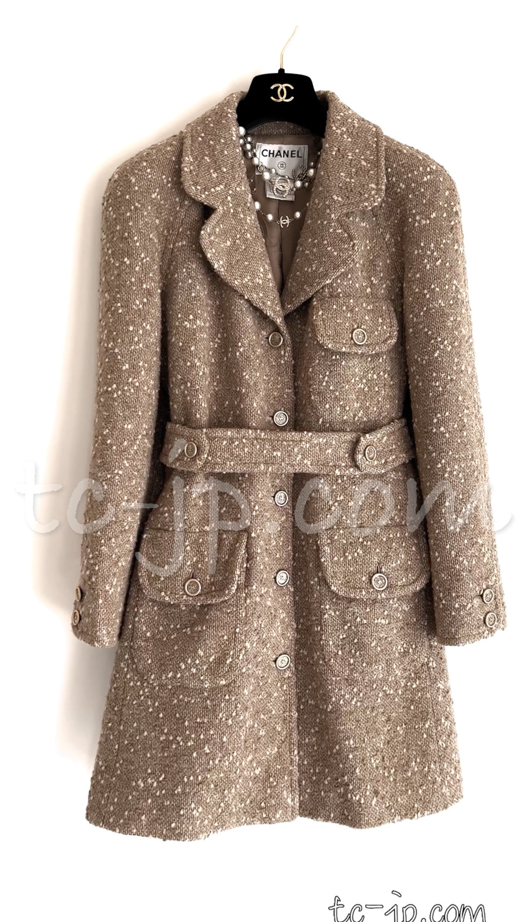 CHANEL 01A Brown Beige Alpaca Tweed Coat 40 シャネル ブラウン・ベージュ・アルパカ・ツイード・コート