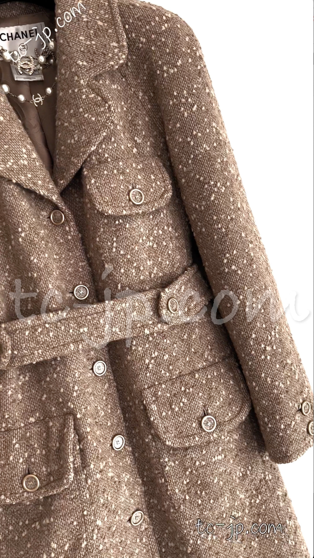 CHANEL 01A Brown Beige Alpaca Tweed Coat 40 シャネル ブラウン・ベージュ・アルパカ・ツイード・コート