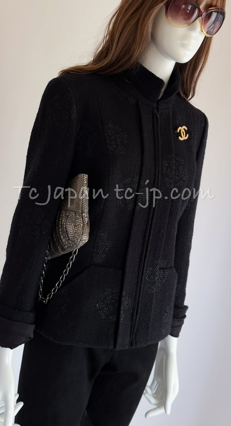 CHANEL 03C Black Camellia Stand Collar Zipper Jacket 40 42 シャネル ブラック・カメリア・スタンドカラー・ジッパー・ジャケット 即発