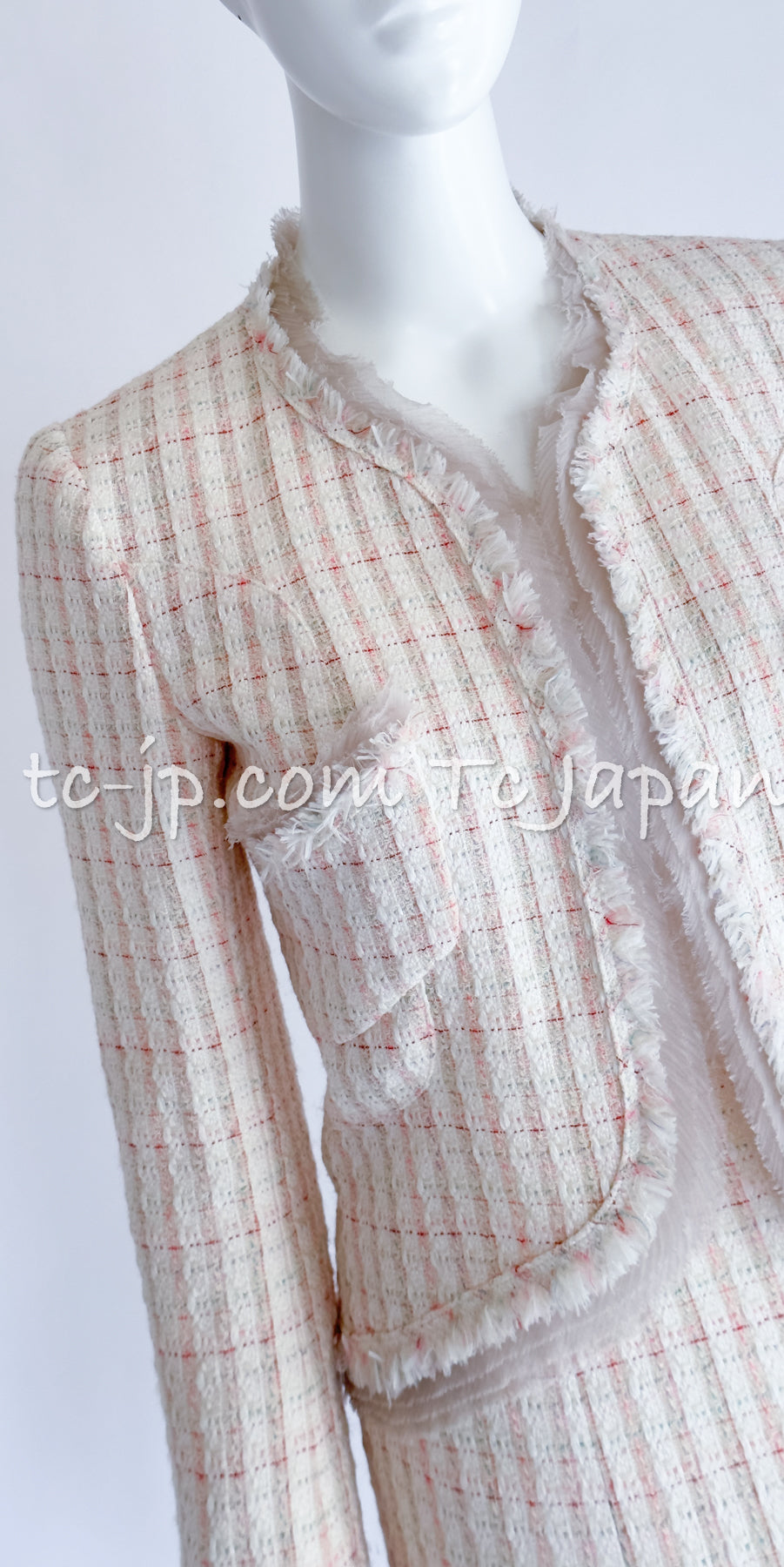 CHANEL 04C Ivory Mix Candy Tweed Frill Trimmed Jacket Skirt Suit 36 シャネル アイボリー・キャンディー・ツイード・フリル・トリム・ジャケット・スカート・スーツ 即発