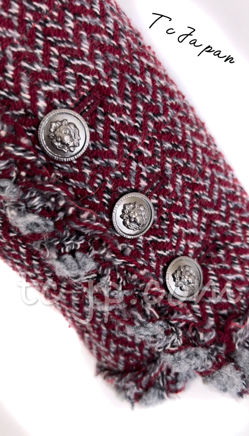CHANEL 08A Red Grey Wool Tweed Jacket Skirt Suit 36 シャネル レッド・グレー・ウール・ツイード・ジャケット・スカート スーツ