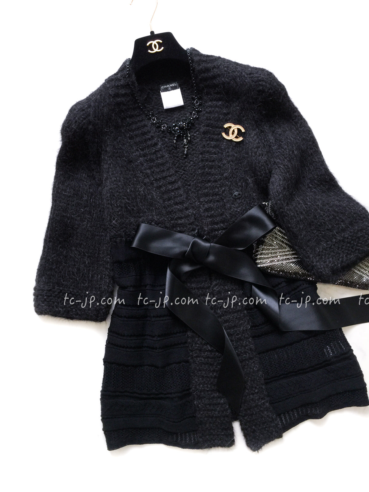 CHANEL 07PF Charcoal Black Alpaca Cardigan 36 38 シャネル 高級アルパカ リボン チャコールグレー  ブラック・カーディガン