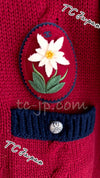 CHANEL 15PF Green Red Flower Patch Wool Cardigan Blue Sweater 34 36 38 シャネル グリーン・レッド・バイカラー お花ワッペン・ウール・カーディガン・水色・セーター