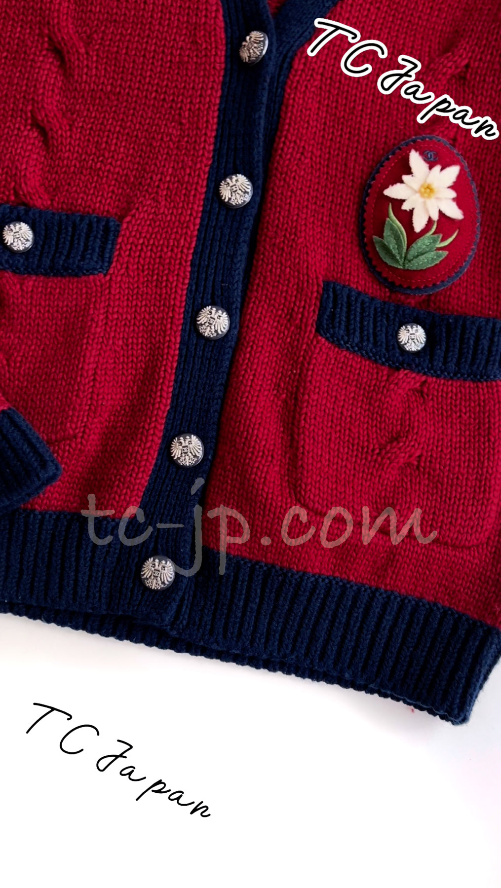 CHANEL 15PF Green Red Flower Patch Wool Cardigan Blue Sweater 34 36 38 シャネル グリーン・レッド・バイカラー お花ワッペン・ウール・カーディガン・水色・セーター