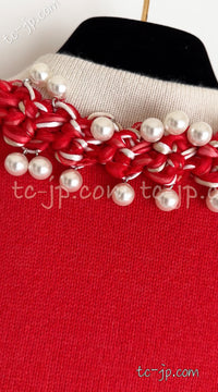 CHANEL 10S Red Pearl Trimming Cashmere 100% Knit Cardigan 40 シャネル レッド 豪華 パールトリミング カシミア100% ニット カーディガン 即発