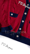 CHANEL 15PF Green Red Flower Patch Wool Cardigan Blue Sweater 34 36 38 シャネル グリーン・レッド・バイカラー お花ワッペン・ウール・カーディガン・水色・セーター