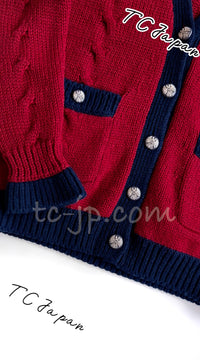 CHANEL 15PF Green Red Flower Patch Wool Cardigan Blue Sweater 34 36 38 シャネル グリーン・レッド・バイカラー お花ワッペン・ウール・カーディガン・水色・セーター